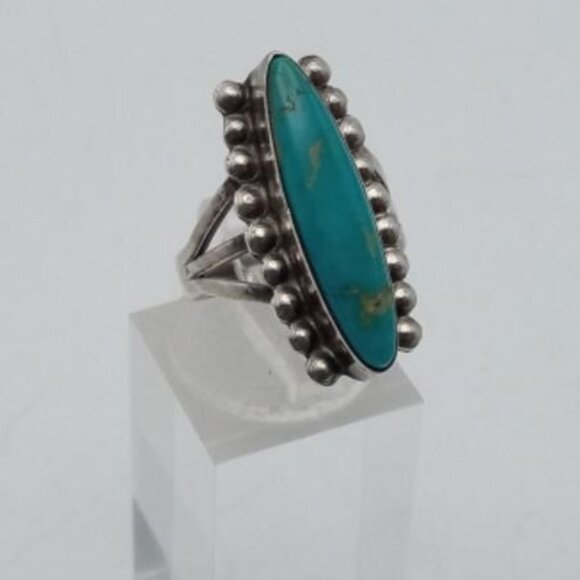 Artisan Jewelry - Handmade Sterling Silver and Oval Turquoise Native American Ring Size 5.5